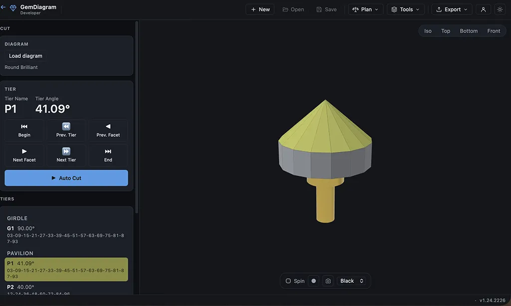 GemDiagram Cutting Assistant — step-by-step facet cutting sequence with progress tracking