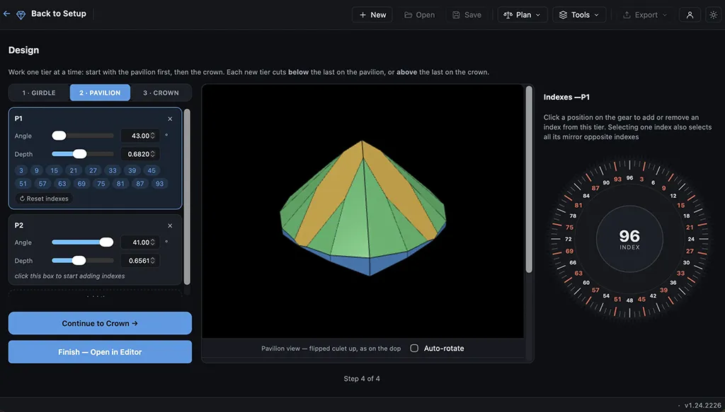 GemDiagram Gem Designer — building a custom gem cut from scratch with live 3D preview