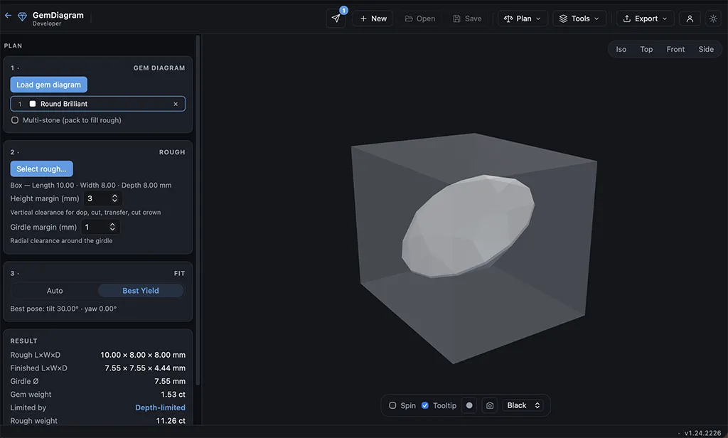 GemDiagram Rough Planner — best-orientation yield search for a piece of rough