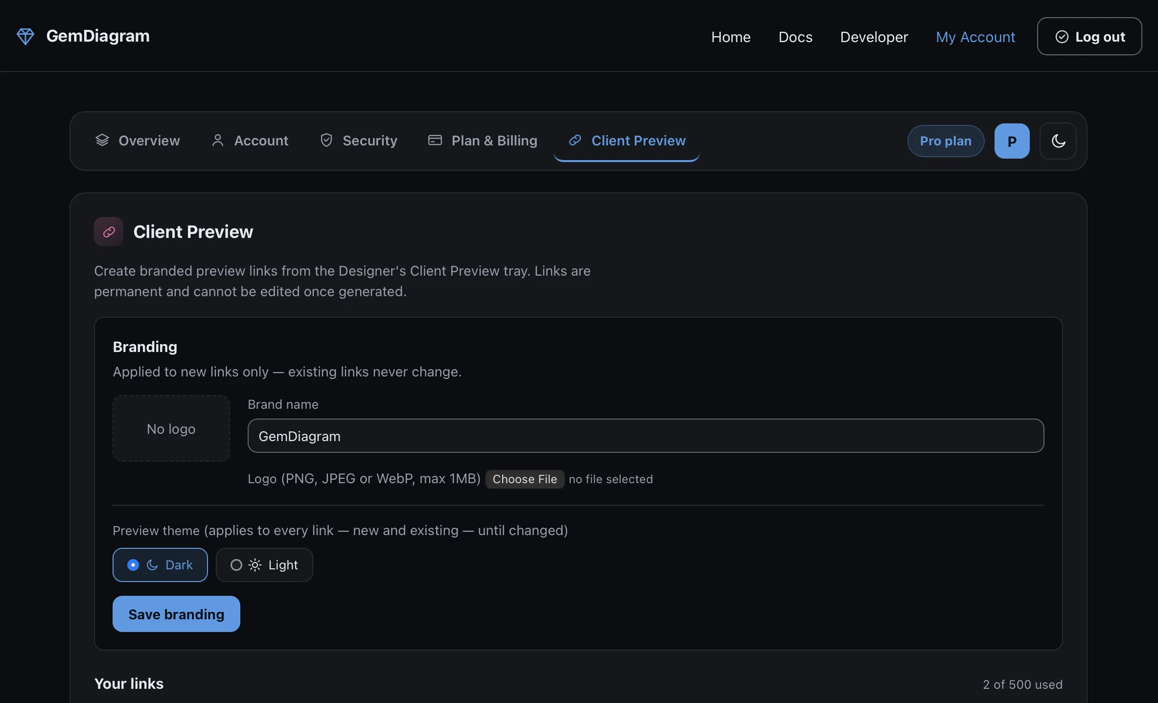 The dashboard Client Preview tab's Branding form, showing the Brand name field, logo upload with preview, and the Preview theme Dark/Light radio control
