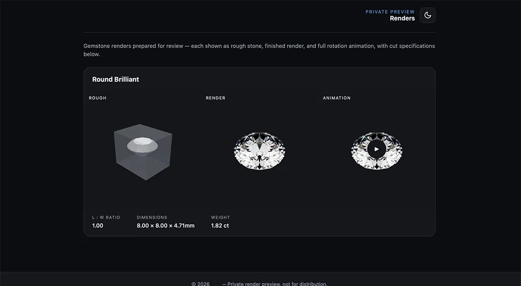 A public Client Preview page as a buyer sees it, with the studio logo and name in the header and a gem card showing Rough, Render, and Animation views plus a specs panel