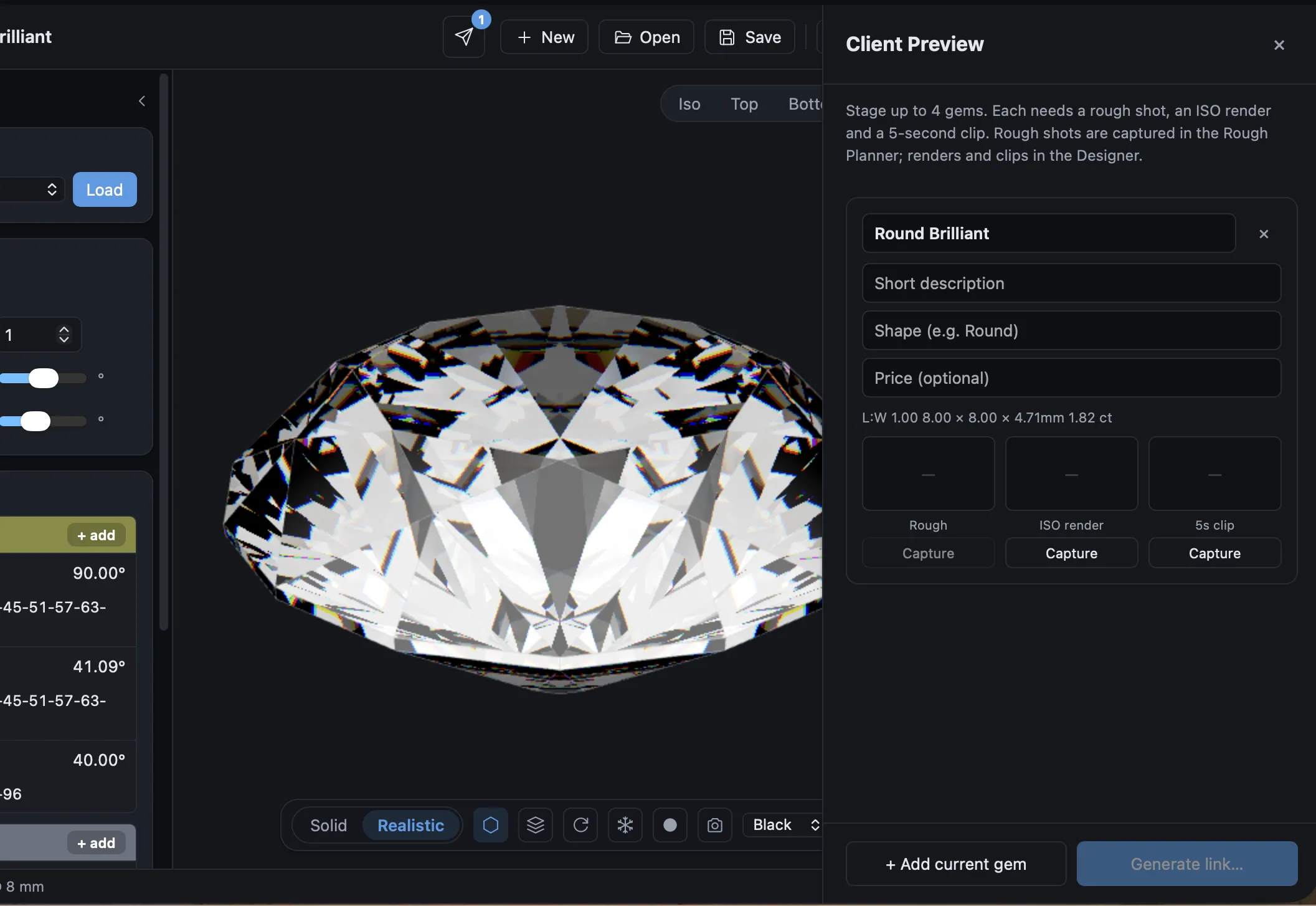 The Client Preview tray open in the Developer editor, showing a staged gem card with name, description, and price fields and three capture slots labeled Rough, ISO render, and 5-second clip