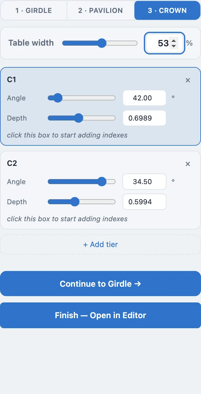 The Guided Design step's Crown tab, with Table width set to 53%
