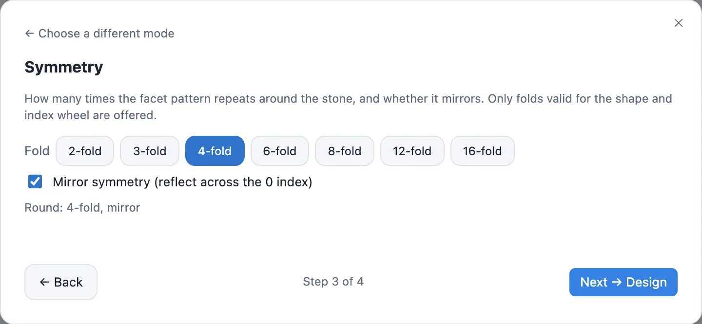 Setup step 3, symmetry set to 4-fold with mirror checked