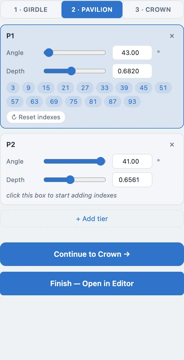 The Pavilion tab on first load, with tier P1 already carrying 16 indices and P2 empty