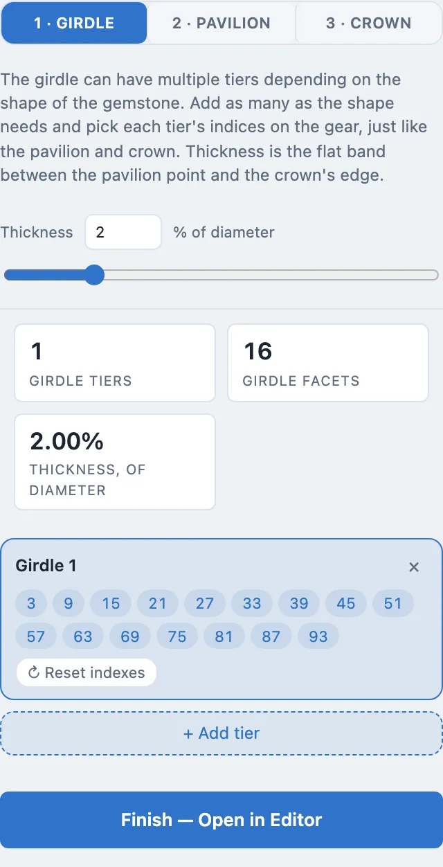 The Girdle tab, showing 16 pre-seeded facets and a thickness of 2 percent