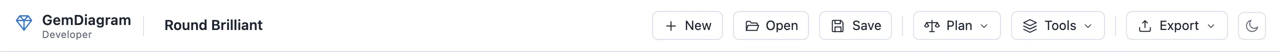 The editor's top toolbar with the design name set to Round Brilliant and the Save button highlighted