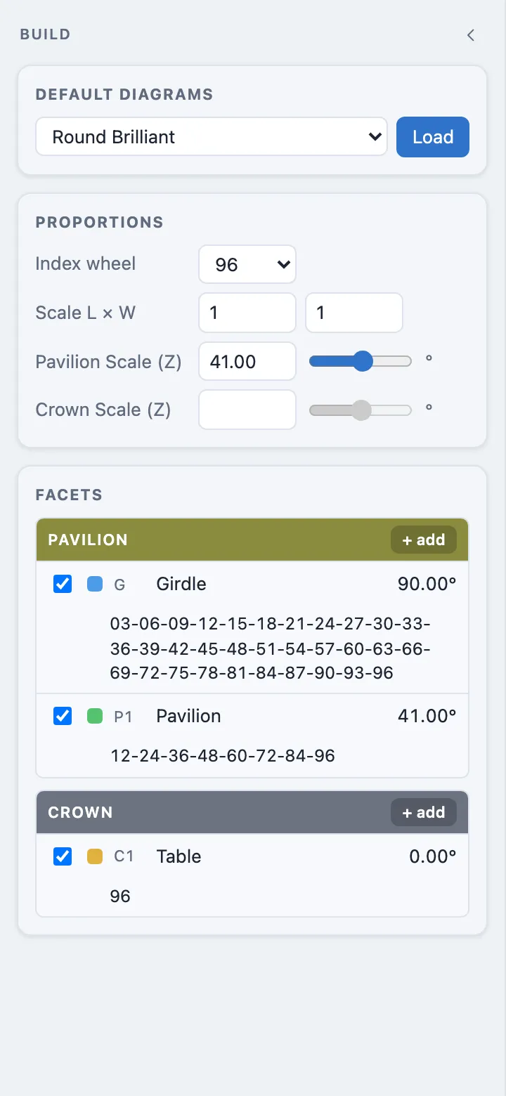 The Build panel right after choosing Manual Mode, showing Girdle, Pavilion, and Table tiers