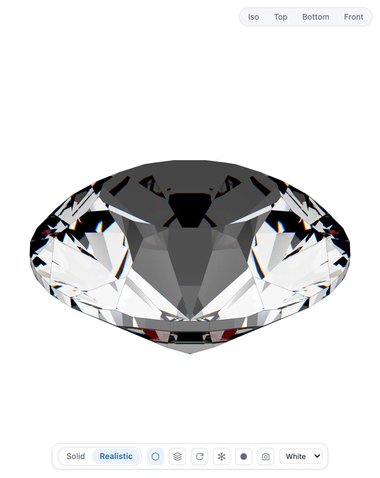 The completed round brilliant rendered in the 3D viewport after all seven tiers are set