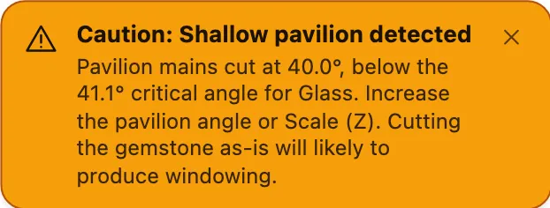 The viewport's windowing warning banner, reading that the pavilion mains are cut below the critical angle for the selected material